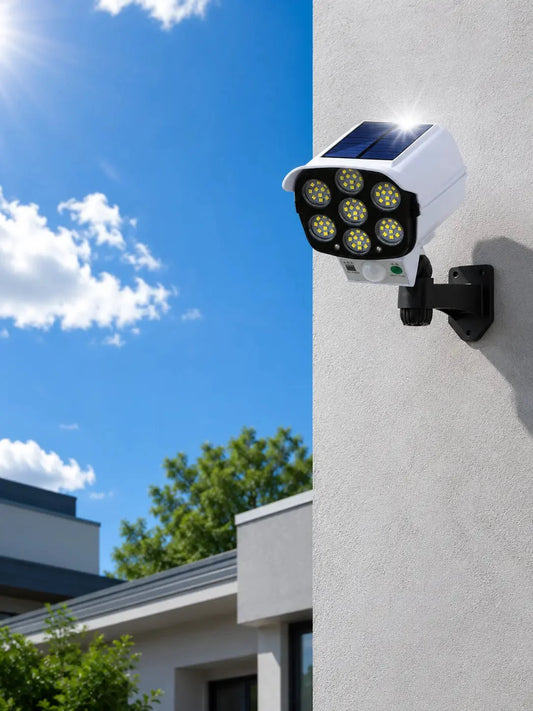 Lámpara solar de seguridad con sensor de movimiento tipo cámara, control remoto y soporte para exterior